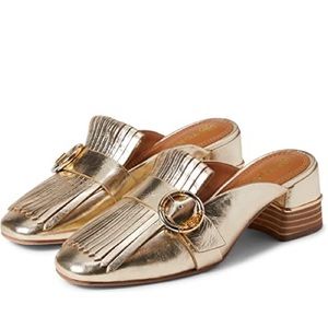 TORY BURCH
Multi Logo Kiltie Mule Gold